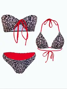 Three-piece Set Women's Leopard Print Bikini Set, Casual Fashion Swimsuit Set, Wrapped Bikini Set, Triangle Swim Bra & Tie Front Bandeau & Swim Panty, Ladies Swimwear for Beach Holiday Vacation