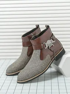 Men's Vintage British Style Short Boots, Matte Leather Pointed Toe, Hidden Height Increase, High-Top Fur Lined Boots