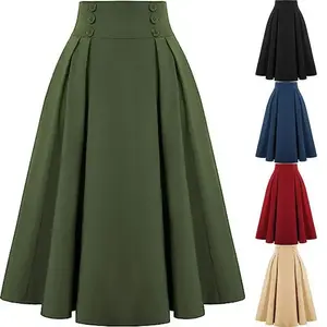 Women Vintage Skirt High Waist Pleated Skirt Midi A-Line Skirt with Pockets