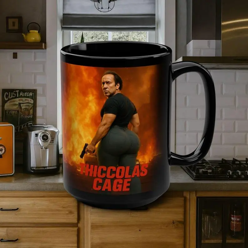 [Sale up to 40%]+[Freeship] Thiccolas Cage Ceramic Mug, 15 oz. Nicolas Cage Cup, Gag Gift, Funny Mug, Ugly Mug, White Elephant, Joke Gift Mug, Silly Work Gift