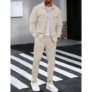 Autumn New Waffle Long Sleeved Pants Two-Piece Set Solid Color Double Pocket Button Up Cardigan Shirt Set for Men
