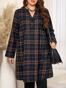 Middle East Plus Size Womenswear Fashion Ethnic Style Retro Loose Long Sleeve Casual Vacation Dress, All Seasons, Plaid Pattern
