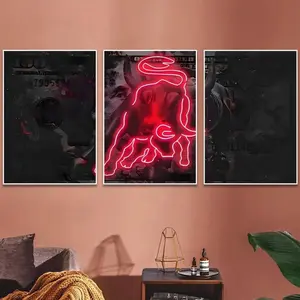 Bull Themed Neon Sign Pattern Unframed Painting, 3 Counts/set Canvas Wall Art, Wall Decor for Home Living Room Bedroom Office, Ornaments