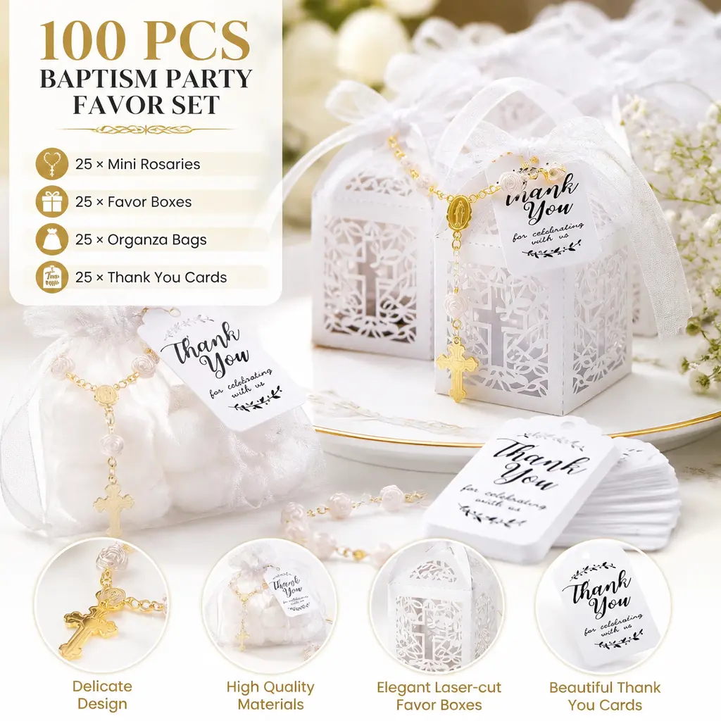 100-Piece Baptism Favor Kit – 25 Mini Rosaries, 25 Favor Boxes, 25 White Organza Bags, 25 Thank You Cards – Gold – Perfect for Christening, Wedding, Party