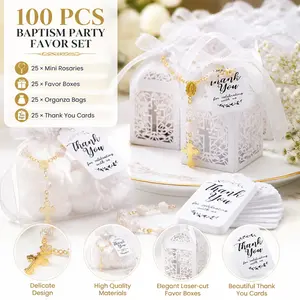 100-Piece Baptism Favor Kit – 25 Mini Rosaries, 25 Favor Boxes, 25 White Organza Bags, 25 Thank You Cards – Gold – Perfect for Christening, Wedding, Party