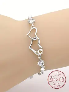 S925 Sterling Silver Cute Heart Design Bracelet with Charms, Fashionable Jewelry for Women & Girls, Trendy All-match & Exquisite Jewelry for Birthday Gift, Valentine's Day, Gift