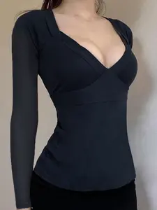 Sexy Low-Cut V-Neck Basic Slim-Fit Long Sleeve T-Shirt for Women, Lady, Backless Bow Tie Design, Spring & Fall Fashion, Plain Color Top