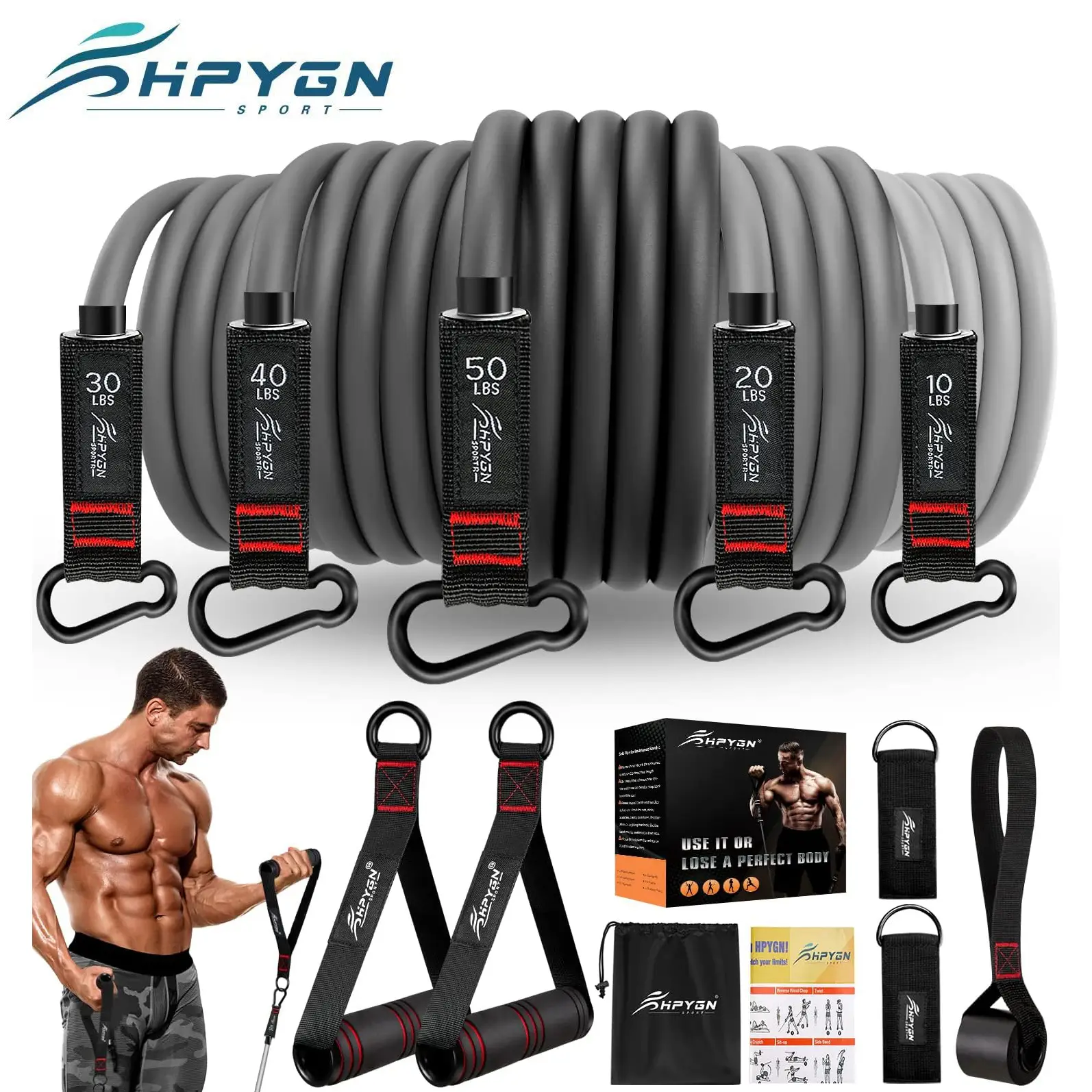 HPYGN Sport 150LBS Heavy Resistance Bands with Handles Set for Heavy Resistance Training Fitness Bands with Door Anchor & Ankle Straps for Yoga Home W