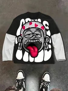 Y2K Trendy Two-Piece Long Sleeve T-Shirt, Oversized Loose Cartoon Print, Retro Block, Unisex Streetwear