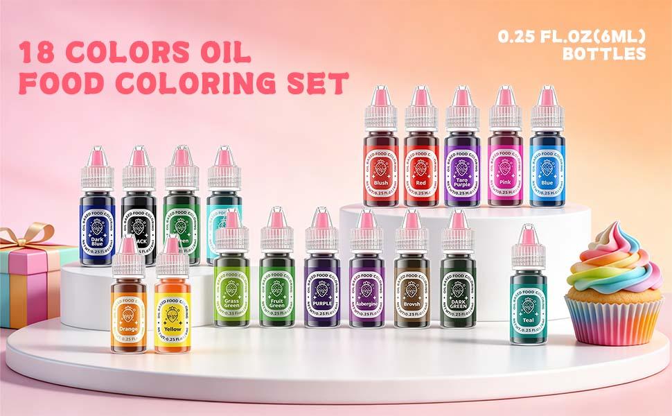 18 Oil Based Food Coloring 0.25 fl oz Bottle Set for Chocolate Christmas Birthday Parties Cake Decoration Candy Melting Dye Baking Cookies Fudge Meringue