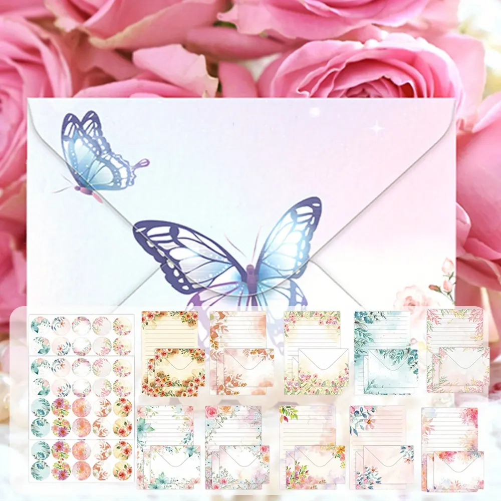 160 Packs Stationery Paper Set (50 Double Sided Stationery Writing Papers 50 Matching Envelopes) 60 Round Dot Sticker, 10 Design(Watercolor,5.5 x 8.25 Inch)