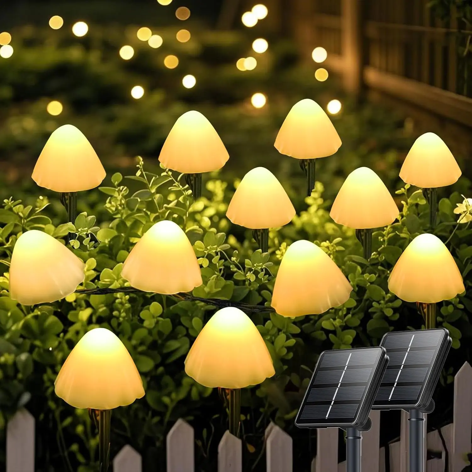 2PK 32LED 55FT Mushroom Solar Garden Lights Outdoor, Solar String Lights  with 8 Lighting Modes, Solar Garden Decor for Outside, Pathway Light for Yard Decoration (Warm White)