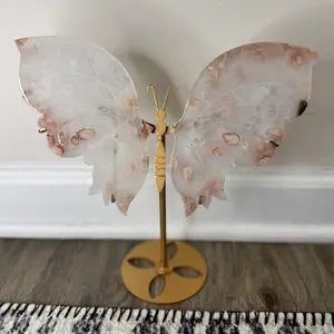 The Ophelia Collective Pink Amethyst & Flower Agate Butterfly Wing Set Custom Gold Stand Soft Pastel Patterning Transformation Energy Sculptural Art