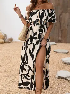 Women's Leaf Print One Shoulder Ruffle Waist Split Long Dress, Bohemian Vacation Casual Wear, Summer Fashion Clothing