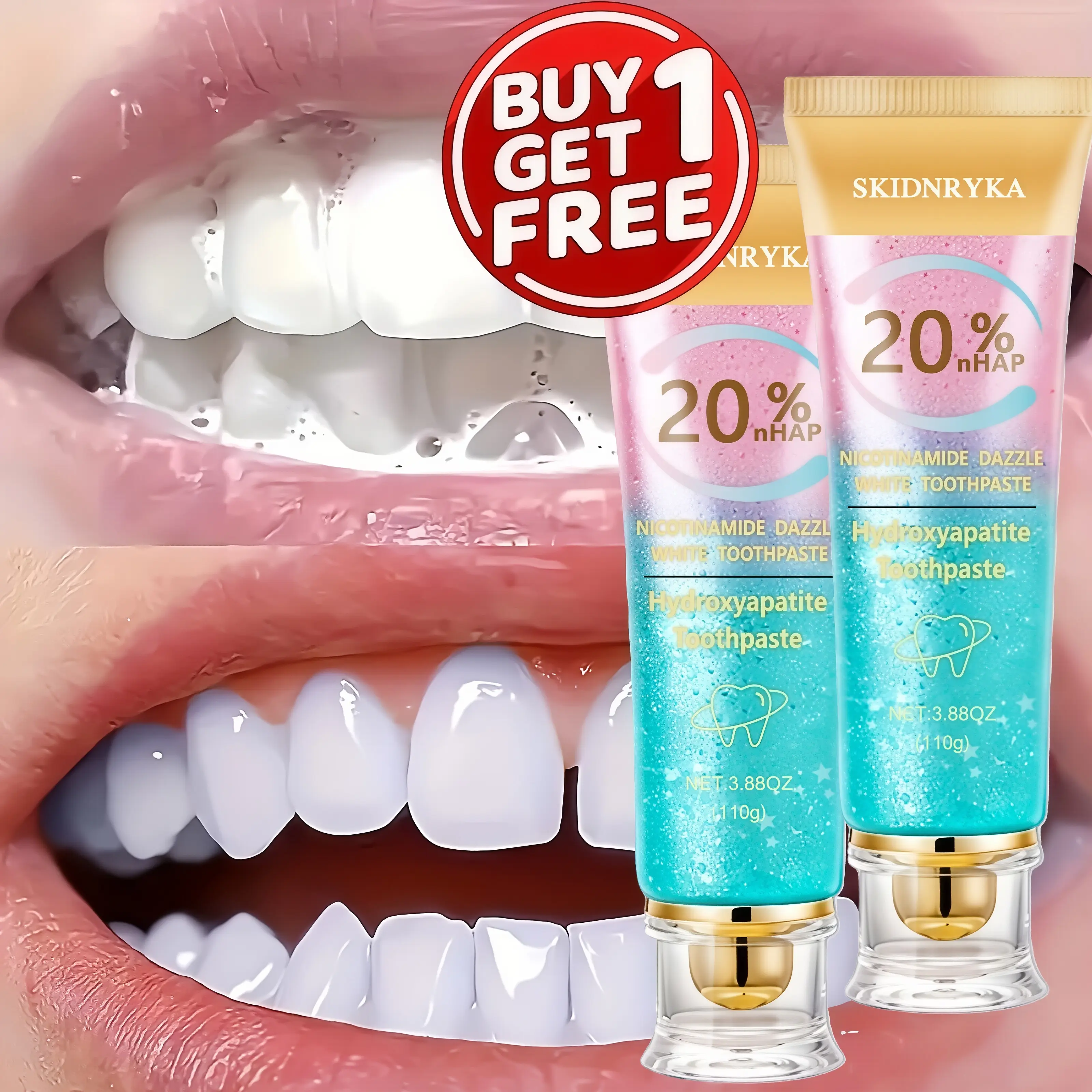 Skidnryka Niacinamide Toothpastes (Buy 1 Get 1 Free, 2 Tubes) - 20% Hydroxyapatite, Cleanses, Whitens, Freshens Breath, Sensitive Safe, Daily Use, Family Oral Care, Christmas Gift, Travel Size