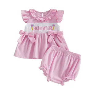 2Pcs Baby Girl Birthday Outfits Ruffle Sleeveless Bowknot Tank Tops + Shorts Set Toddler Clothes