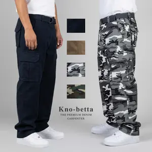 Kno-betta Cargo Pants - Menswear Rugged Camouflage Print with Snap-Closure Pockets & Adjustable D-ring Belt - Black, Khaki, Green Camo, Black Camo