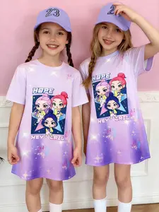 Girls' Fashion Casual Comfort Gradient Dreamy Fireworks Print Dress, Short Sleeve One-Piece, Perfect for Daily Wear