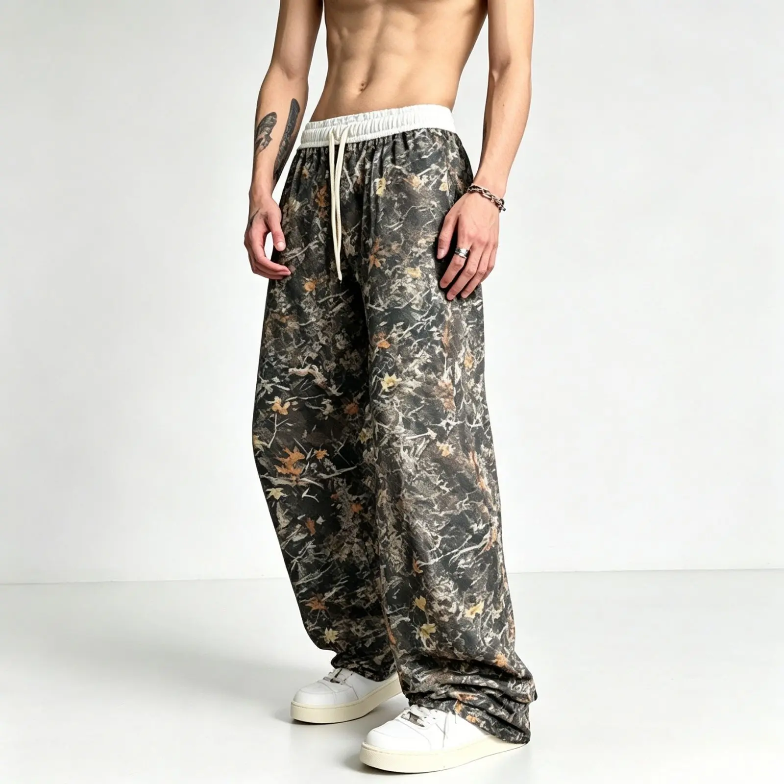 Men's Leaf Camouflage Print Baggy Wide-Leg Sweatpants - Menswear Fashion Streetwear Stylish Drawstring Elastic High Waist Loose Floor-Length Casual Pants