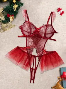 Christmas Women's Embroidered Sheer Mesh Lingerie Underwear Cut Out Sweetheart Neck Bodysuit, Adjustable Straps, Bow Decor, Push-Up Thong Design, Fit, Perfect for Romantic Nights