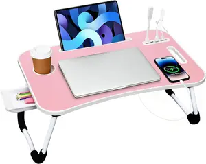 You’ll Love This Cozy Hack! Portable Folding Bed Desk, Lap Desk with USB Ports Fan LED Light Cup Holder Drawer, Ideal for Working Reading Writing on Bed Sofa Floor(Pink)