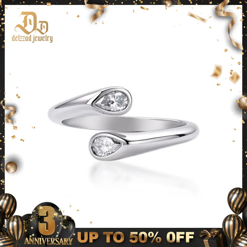 Delzzad 14K Gold-Plated 0.7ct Twin Soul Drops Ring Pear Bypass Ring Open Ring Band VVS Synthetic Moissanite Ring Jewelry Perfect Birthday Engagement Wedding Anniversary Christmas Valentine's Day Mother's Day Gift