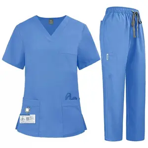 Women Work Uniform Set with Badge Holder Multiple Pockets Comfortable V Neck Short Sleeves Long Pants Nurse Outfit for Hospitals Clinics