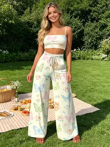 Summer New Fresh Milk Butterfly Floral Wide Leg Pants, Elastic High Waist Flowy Casual Long Pants, Beach Vacation Lazy Women's Pants