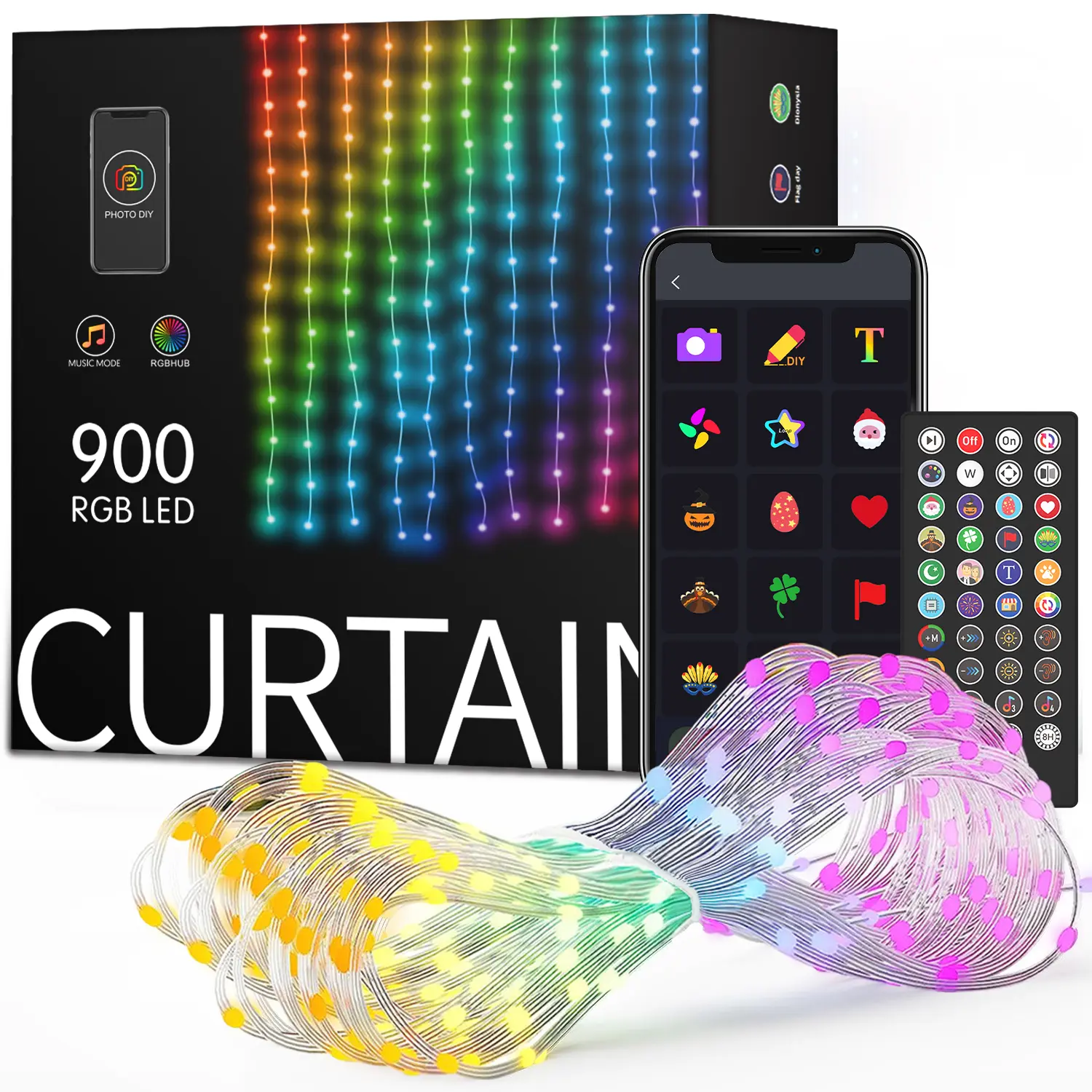 Smart RGB Curtain Lights with DIY Effects, Create Custom Patterns & Animations, 900 LED Christmas Lights with Hello Fairy App Control, Music Sync Room & Holiday Decor