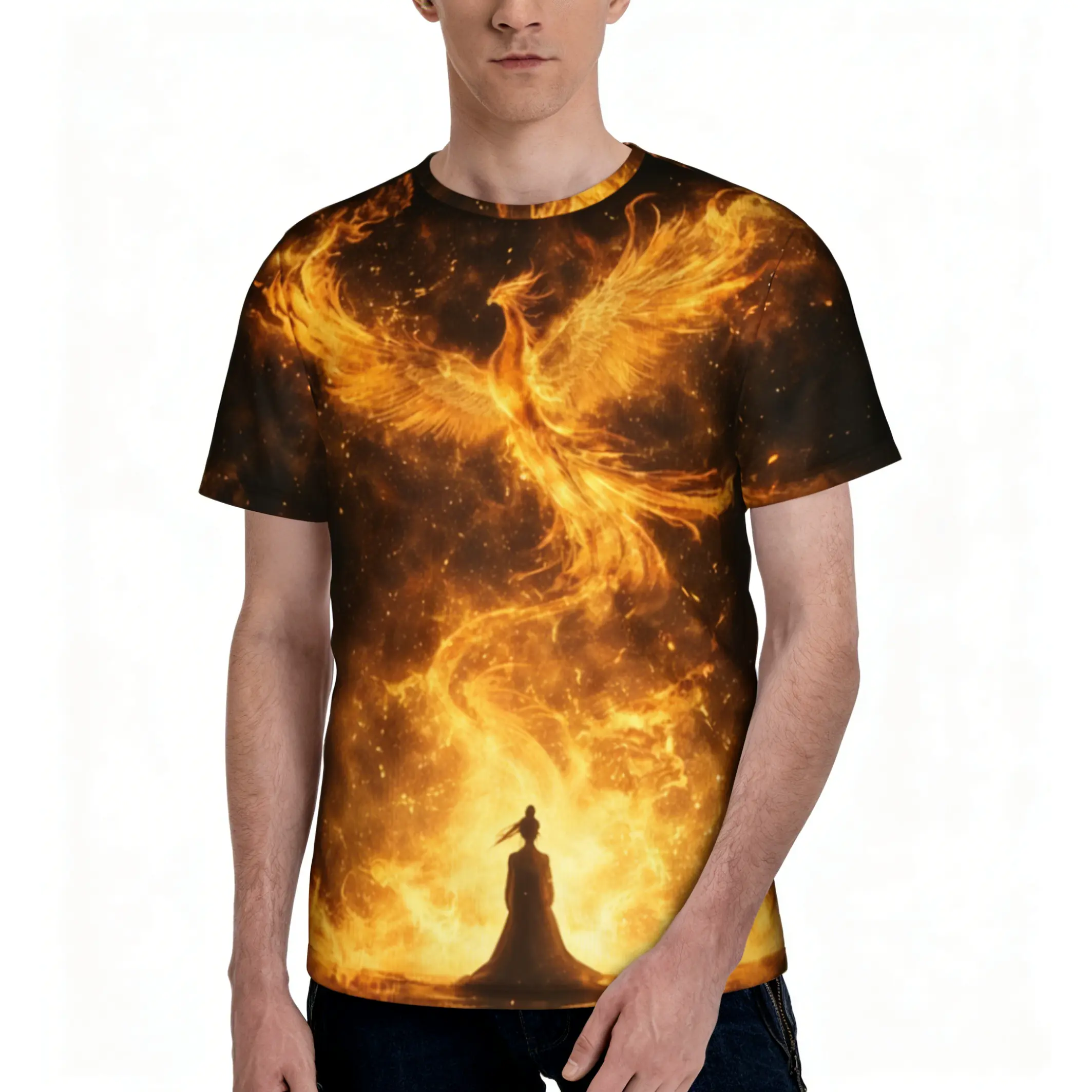 Menswear Round Neck Short-Sleeve Casual T-Shirt, Unisex Fiery Phoenix Rebirth Graphic Tee, Golden Flame Mythical Bird Cosmic Rising Fire All-Over Print Edgy Fantasy Top