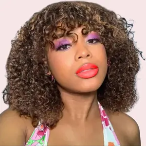 Blonde Highlight Short Bob Curly Human Hair Wigs with Bangs Wear and Go Glueless None Lace Front Human Hair Wigs for Black Women 180% Density P4/30