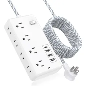 Portable Speakers Extension Cord 10FT, Surge Protector Power Strip with 8 Widely Outlets 4 USB Ports, Flat Plug, Wall Mount Outlet Extender, Multiple Outlets for Indoor