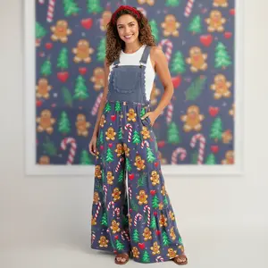 Women's Christmas Denim Overalls Jumpsuit, Festive Print (Rocking Horse/Gingerbread) Wide Leg Bib Overalls, Boho Casual Holiday Outfit with Lace Details for Party & Daily Wear