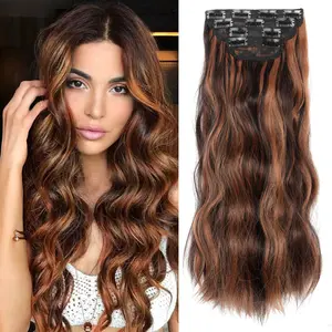 VOSILK 4Pcs Synthetic Clip in Hair Extensions 20 Inches Long Curly Hair Extensions Clip ins Nut Brown Mixed Reddish Brown