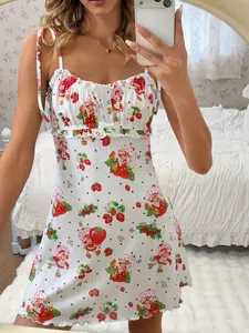 Strawberry Shortcake Women's Strawberry Print Ruched Casual Sleeveless Nightgown For Everyday Wear