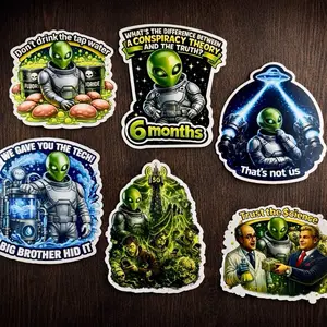 Alien Stickers Set of 6 Conspiracy Themed 5G Fluoride Project Blue Beam Trust the Science Unique Designs for Decorative Use Fun Phrases Glossy Finish