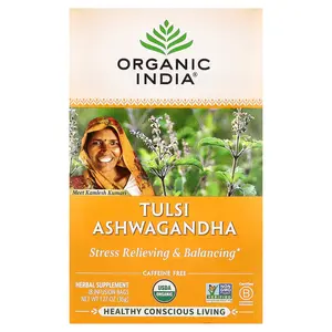 Organic India Tulsi Ashwagandha Tea, Caffeine Free, 18 Infusion Bags, 1.27 oz (36 g)