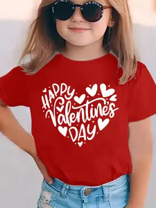 Girls' Casual Summer Short-Sleeve T-Shirt | Happy Valentine'S Day Heart Cartoon Print, Crew Neck, Slight Stretch Fabric, Regular Fit