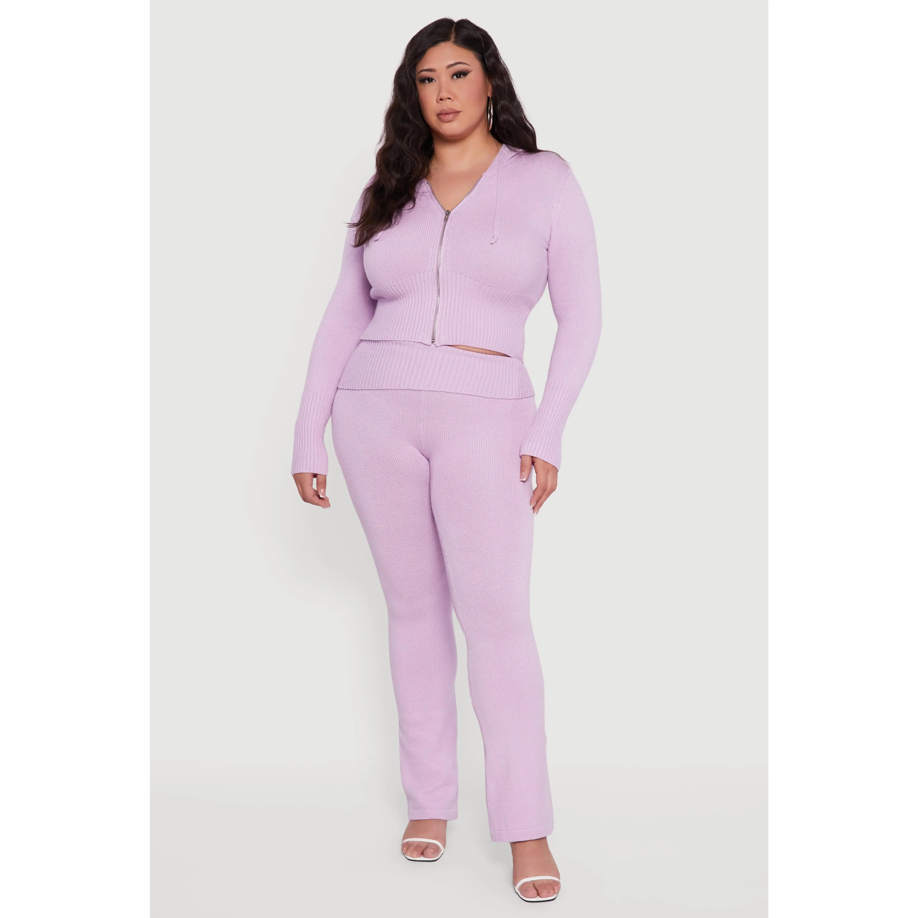 Plus Size Ribbed Knit Fold Over Flare Pants