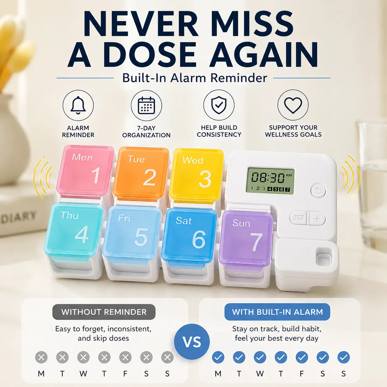 Smart Pill Organizer with Alarm Reminder, 7 Day Weekly Pill Box, LCD Display Medication Organizer, Detachable Daily Compartments, Portable Vitamin Storage Case for Home Office Travel, Color-Coded Weekly Supplement Container