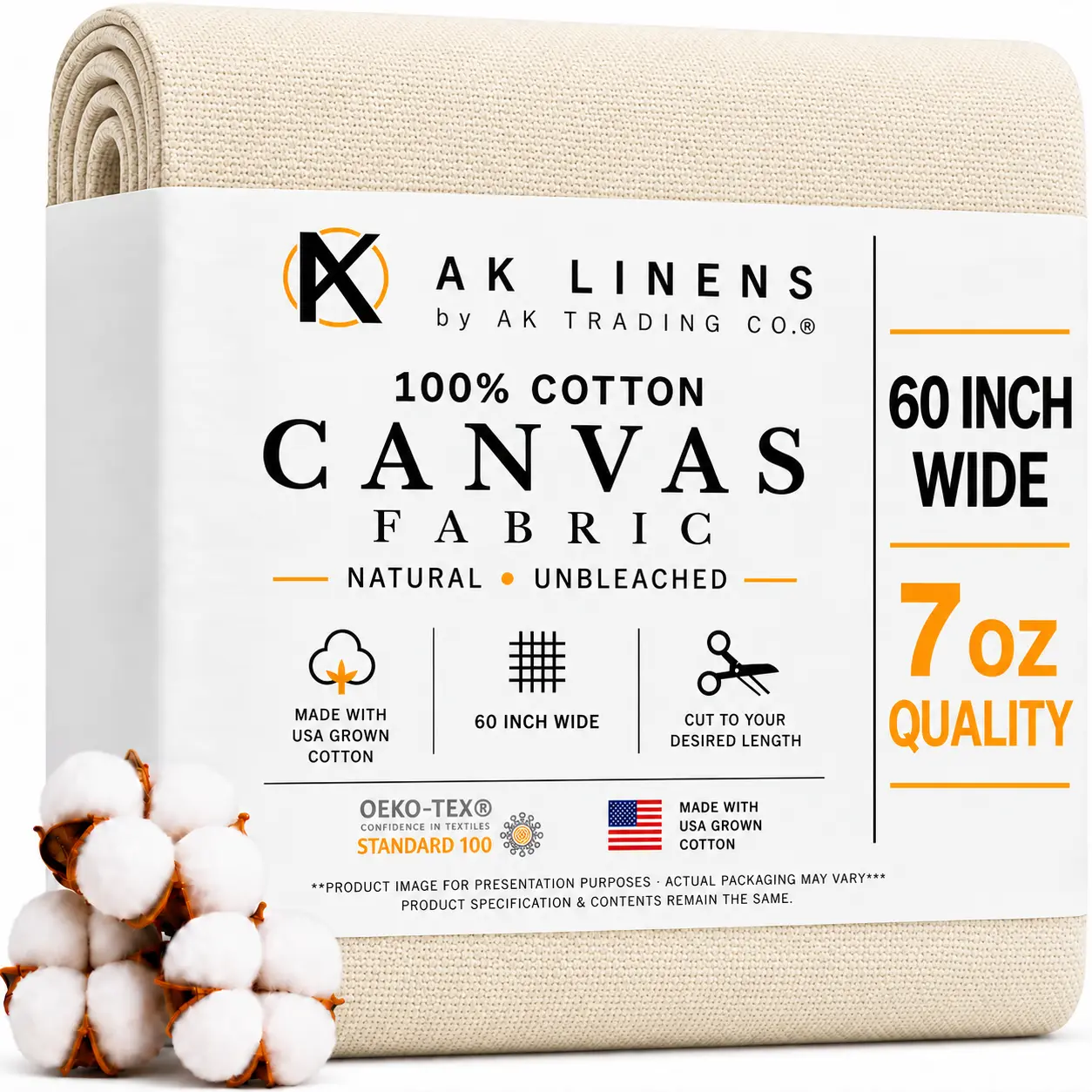AK TRADING CO. | Premium 7oz Natural Cotton Duck Canvas Fabric | 60'' Wide | Arts & Crafts, Upholstery, Home Projects - Lightweight & Durable - Perfect for Crafts, Apparel, and Décor