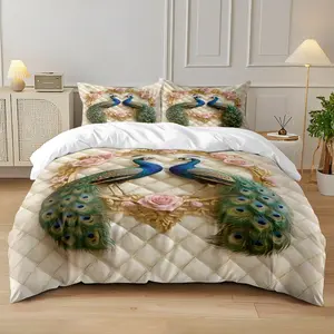 3-piece set (1 quilt cover +2 pillowcases, coreless) peacock theme, contains double peacocks, pink roses, gold border printed quilt cover set, comfortable bedding, Soft Bedding Sets, suitable for use in all rooms, room decoration, Duvet Covers