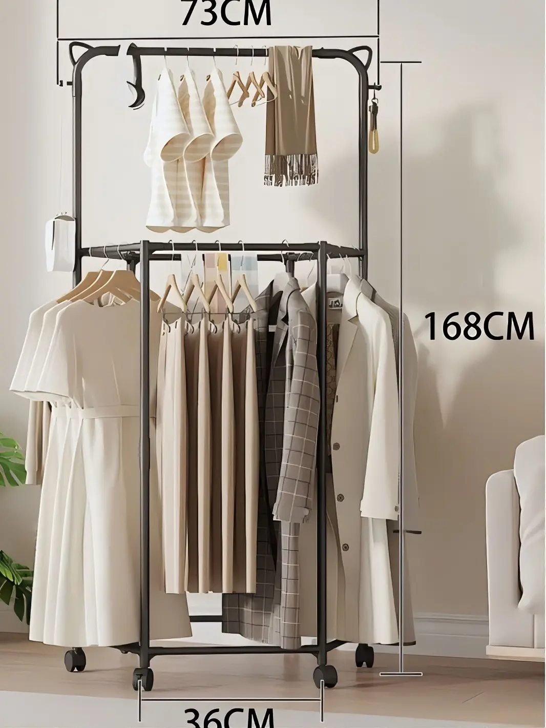 73CM x 168CM x 36CM Adjustable Clothing Rack with Wheels for Home Organization and Storage