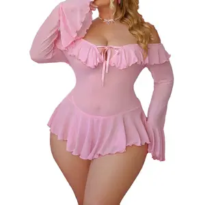 2pcs Romantic Off Shoulder Mesh Panel Pleated Long Sleeve Nightdress Set, Sexy Womenswear Bra christmas lingerie party