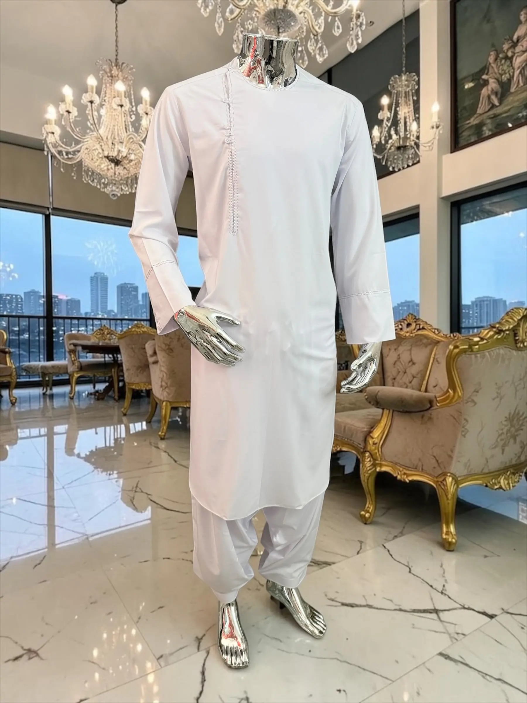 Medium White Qasimi Design Parahan Tunban – Premium Afghan Traditional Menswear