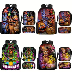3Pcs Five Nights at Freddy's Print Backpack Set Durable 600D Oxford Cloth School Bag Insulated Lunch Box & Pencil Case Combo Adjustable Breathable Strap Large Capacity Fits 15in Laptop for Kids Teens School Travel Outdoor Use