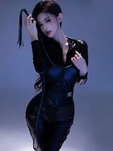 Nightclub Uniform Long Sleeve Corset Top PU Leather Jumpsuit Bodysuit Set, Sexy PU Leather, Women's Clubwear, Party Wear