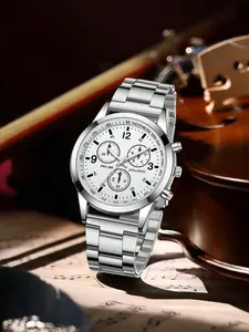 1pc Men's Silver Strap Casual Business Classic Three Eye Dial Quartz Analog Watch For Daily Wear Or Gift Giving