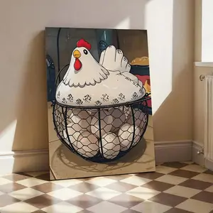 Frameless Canvas Poster Fantasy Chicken and Egg Basket Cartoon Wall Art Colorful Soft Canvas Fun Farmhouse Decoration for Home Office Cafe Bar Garden Cartoon Style Artwork Chicken Theme Decoration Rotating
