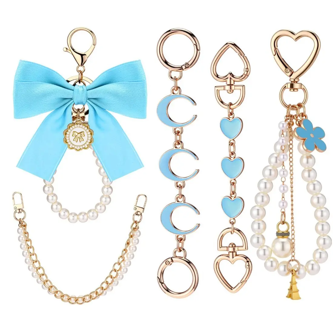 Cute Pearl Bow Keychain Set – 5-Piece Elegant Key Rings, Stylish Bag & Purse Charms, Lightweight Durable Accessories, Perfect Gift for Her, Party, Travel, Holiday Use
